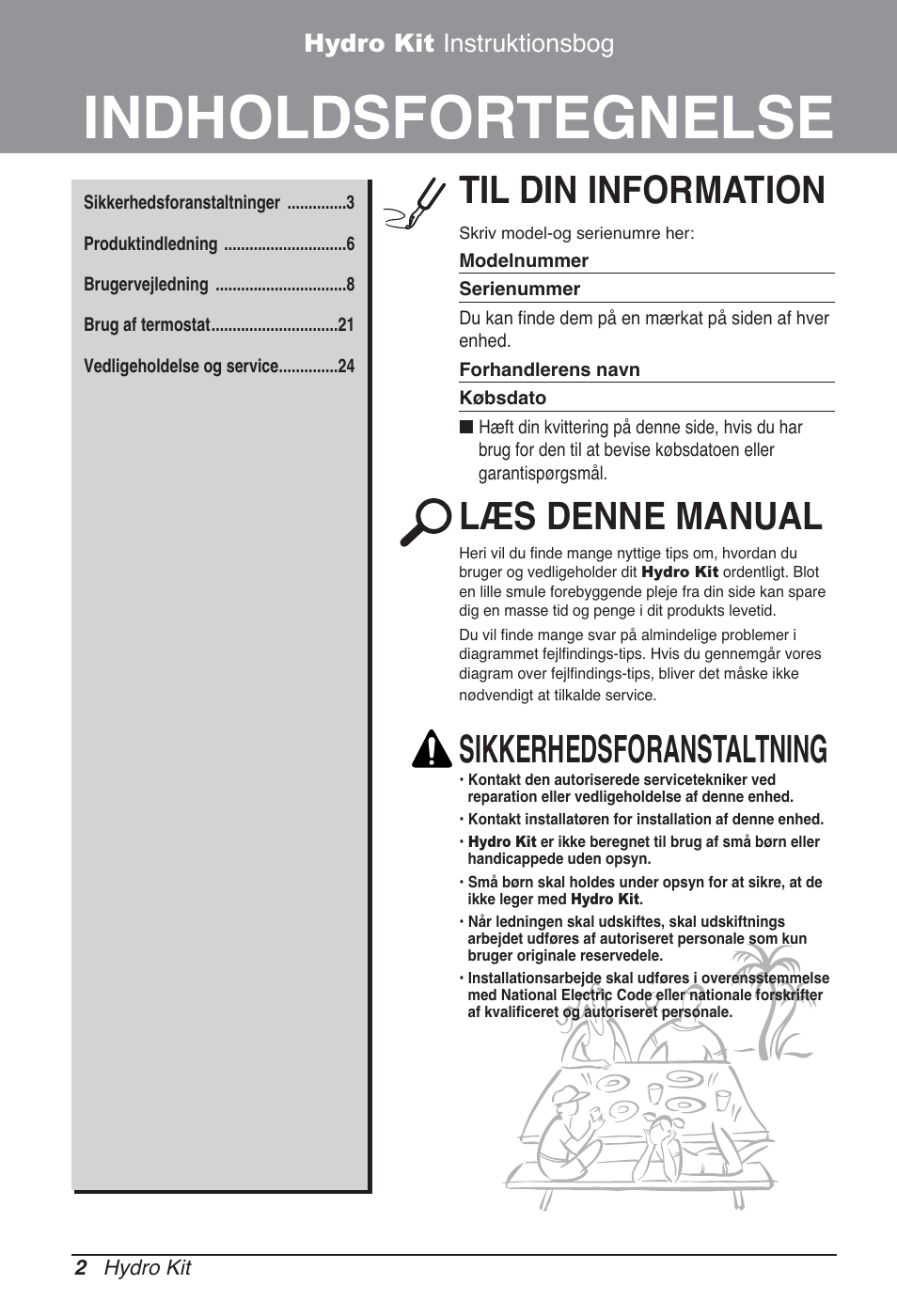 Indholdsfortegnelse, Til din information, Læs denne manual | Sikkerhedsforanstaltning, Hydro kit instruktionsbog | LG ARNH10GK2A2 User Manual | Page 470 / 495