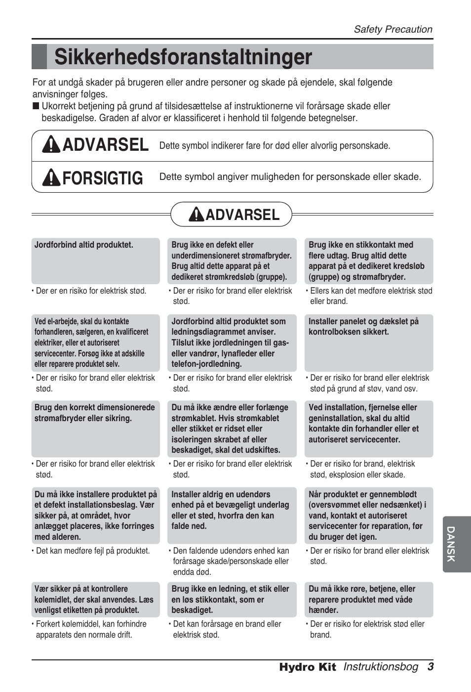 Sikkerhedsforanstaltninger, Advarsel forsigtig, Advarsel | LG ARNH10GK2A2 User Manual | Page 471 / 495