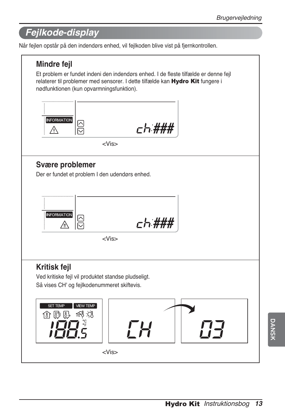 Fejlkode-display, Mindre fejl, Svære problemer | Kritisk fejl | LG ARNH10GK2A2 User Manual | Page 481 / 495