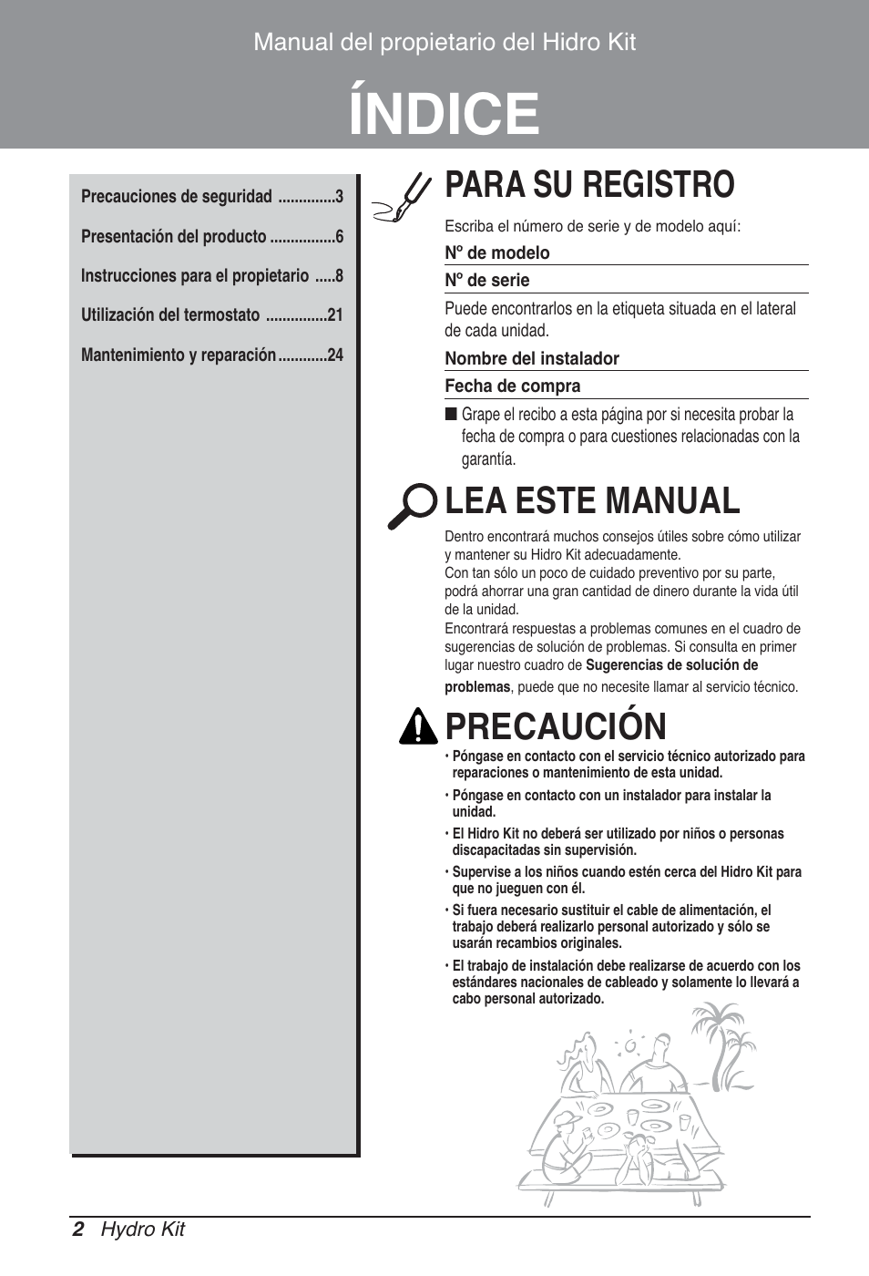 Índice, Para su registro, Lea este manual | Precaución, Manual del propietario del hidro kit | LG ARNH10GK2A2 User Manual | Page 54 / 495