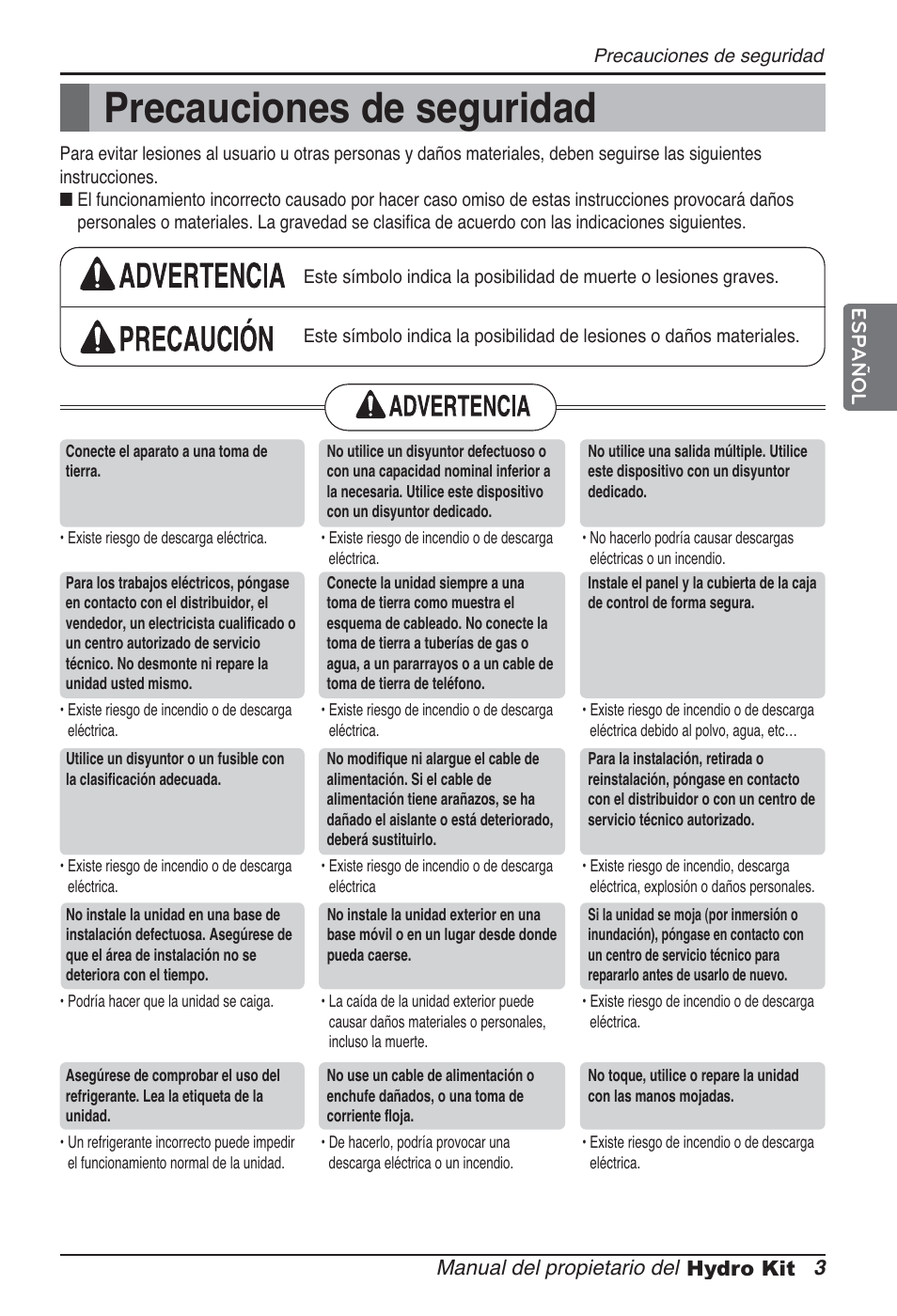 Precauciones de seguridad, Manual del propietario del 3 hydro kit, Español | LG ARNH10GK2A2 User Manual | Page 55 / 495