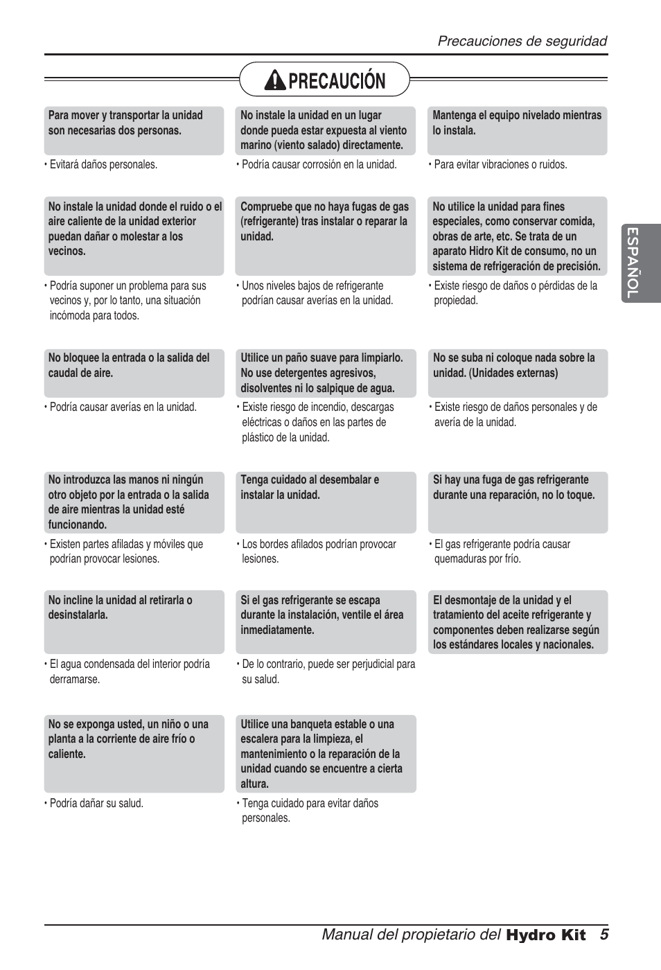 Manual del propietario del 5 hydro kit, Español | LG ARNH10GK2A2 User Manual | Page 57 / 495