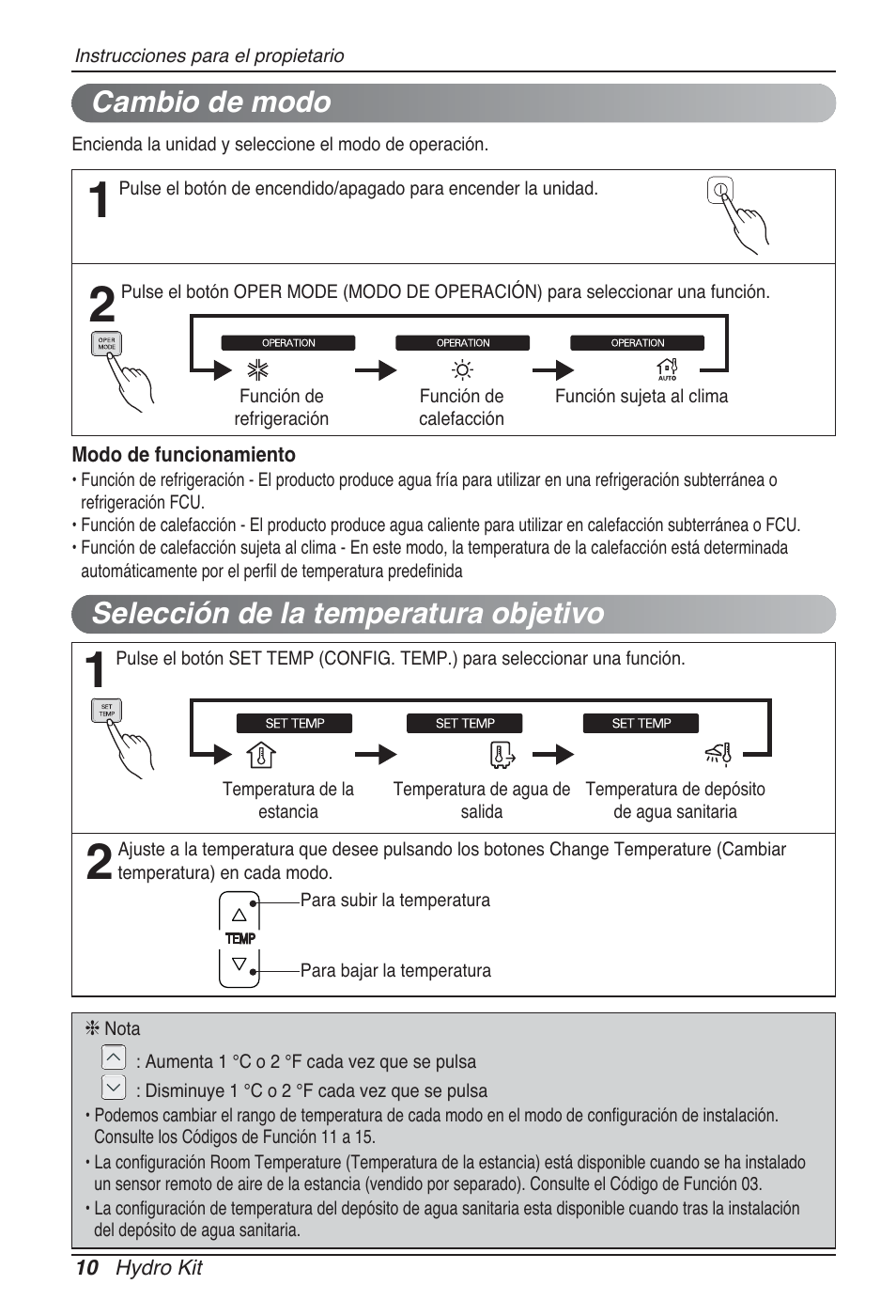 Selección de la temperatura objetivo, Cambio de modo | LG ARNH10GK2A2 User Manual | Page 62 / 495