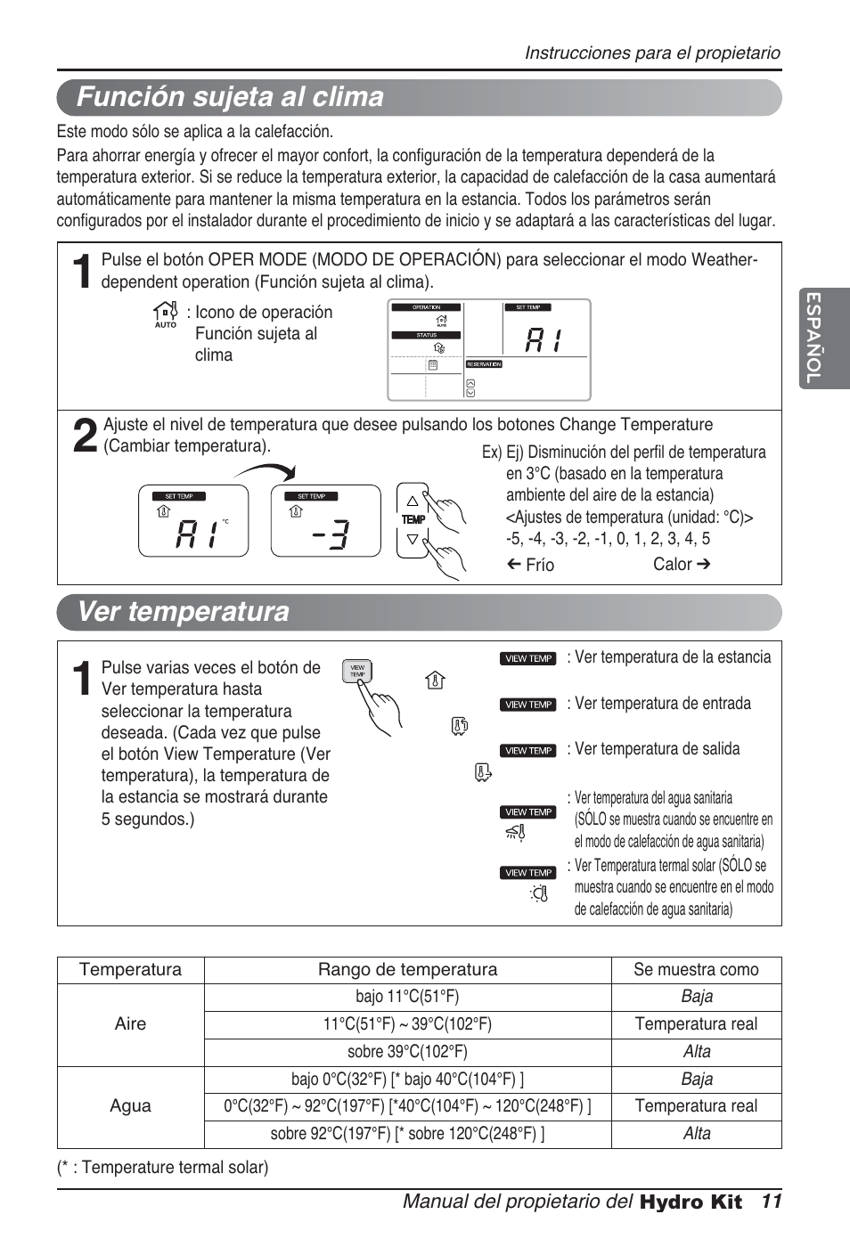 Función sujeta al clima, Ver temperatura | LG ARNH10GK2A2 User Manual | Page 63 / 495