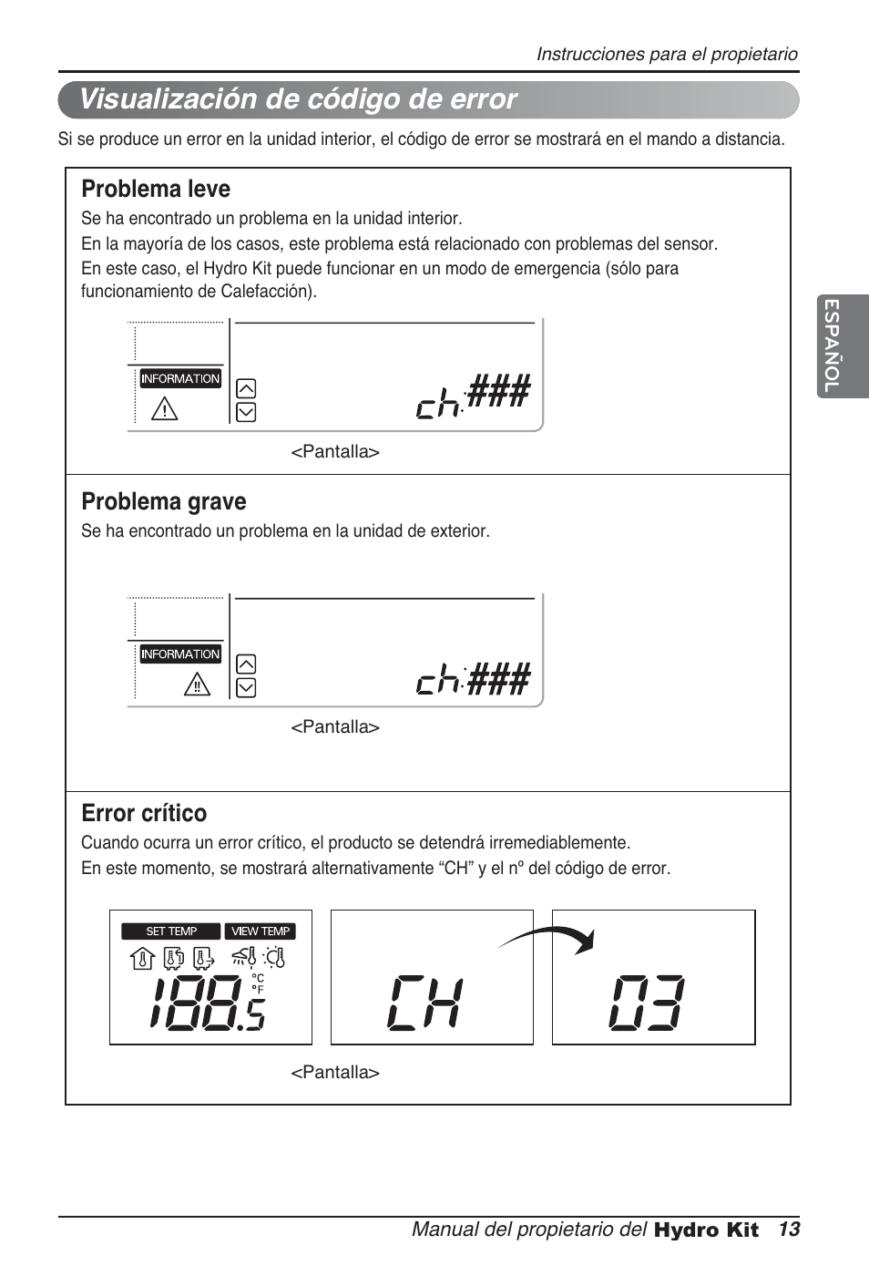 Visualización de código de error, Problema leve, Problema grave | Error crítico | LG ARNH10GK2A2 User Manual | Page 65 / 495