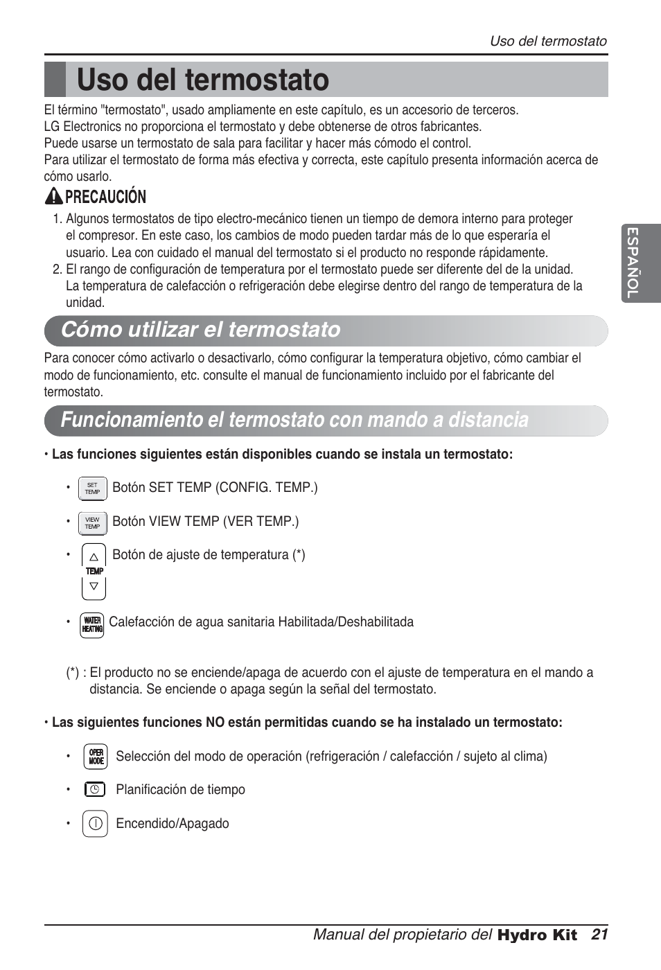 Uso del termostato | LG ARNH10GK2A2 User Manual | Page 73 / 495