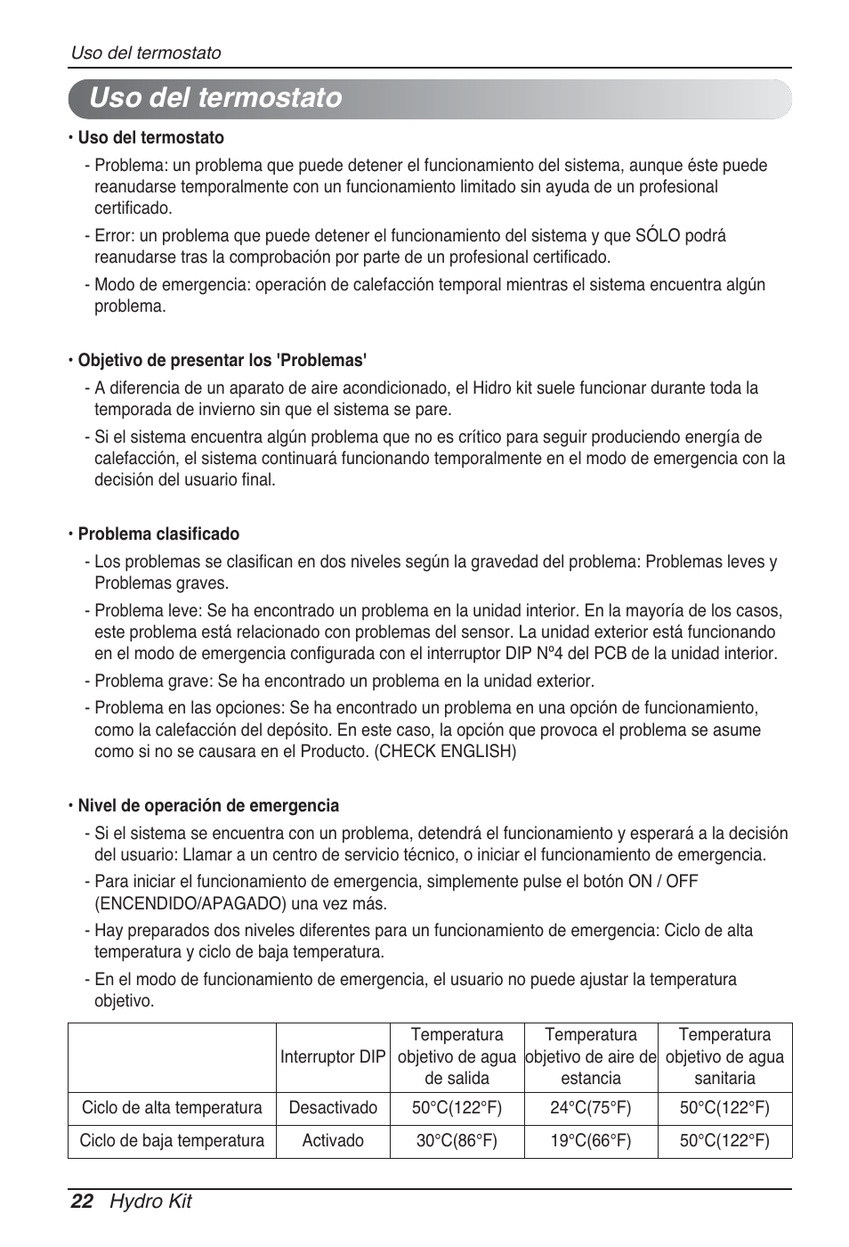 Uso del termostato | LG ARNH10GK2A2 User Manual | Page 74 / 495