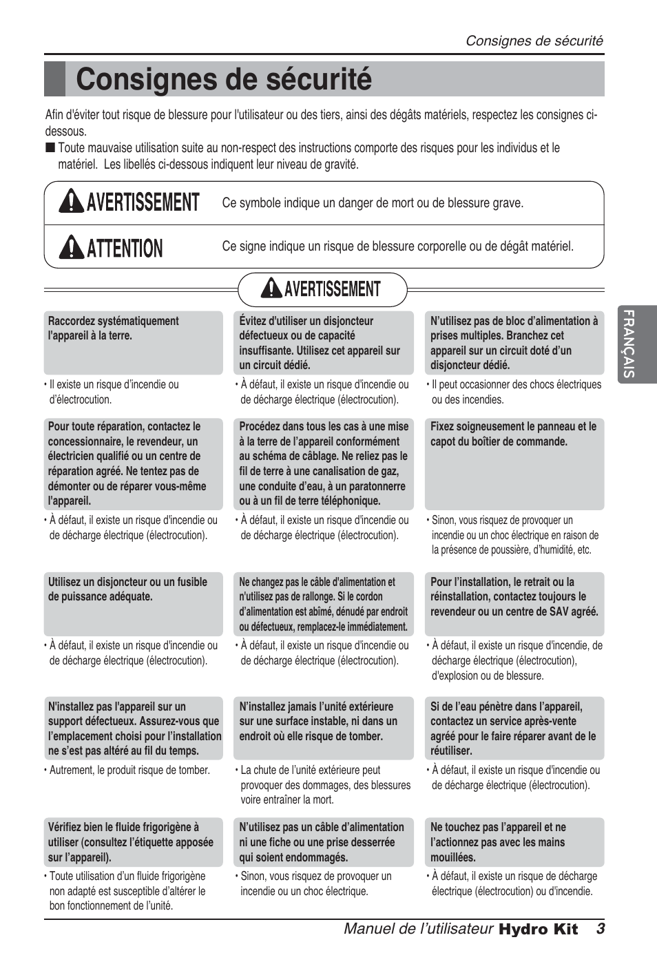 Consignes de sécurité, Manuel de lʼutilisateur 3 hydro kit, Français | LG ARNH10GK2A2 User Manual | Page 81 / 495