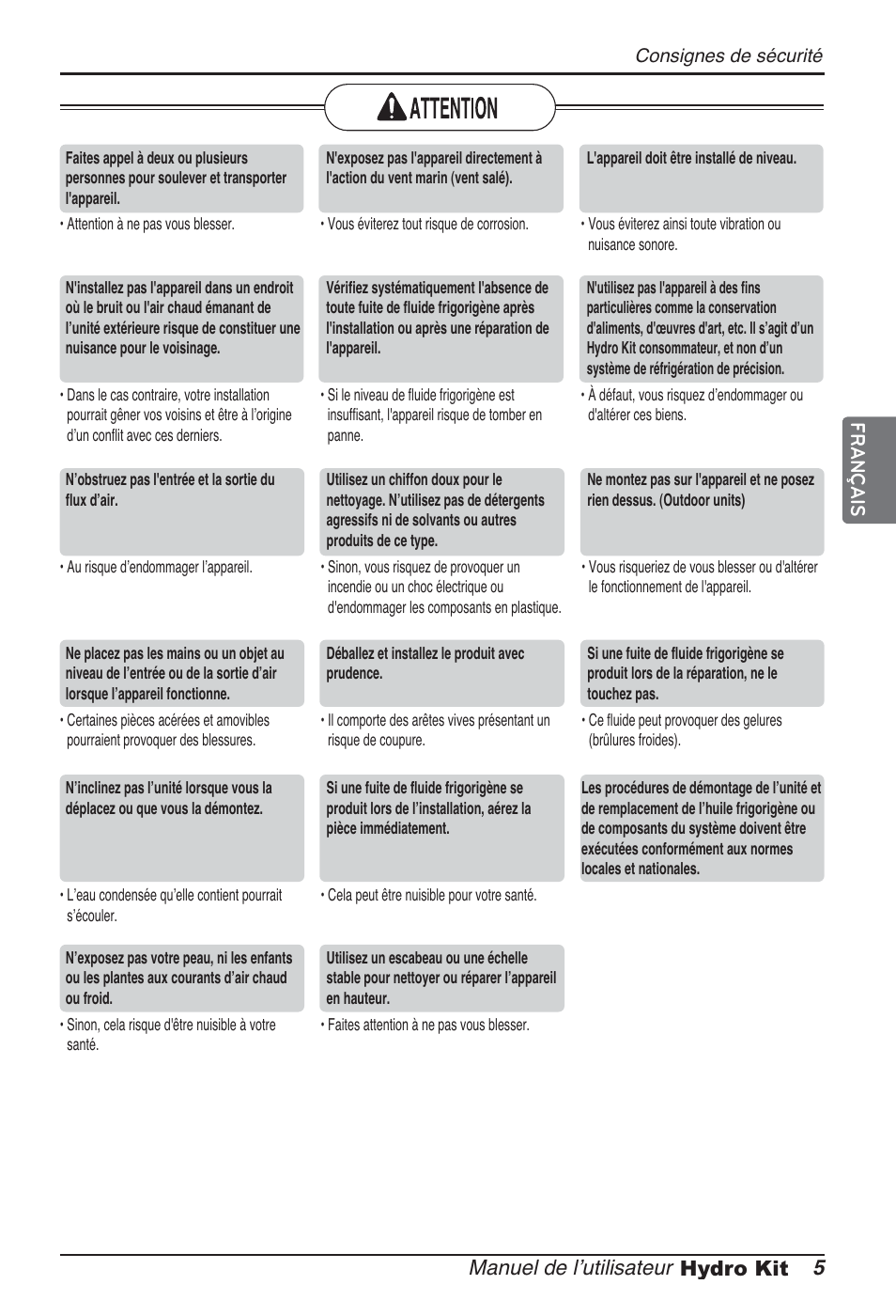 Manuel de lʼutilisateur 5 hydro kit, Français | LG ARNH10GK2A2 User Manual | Page 83 / 495