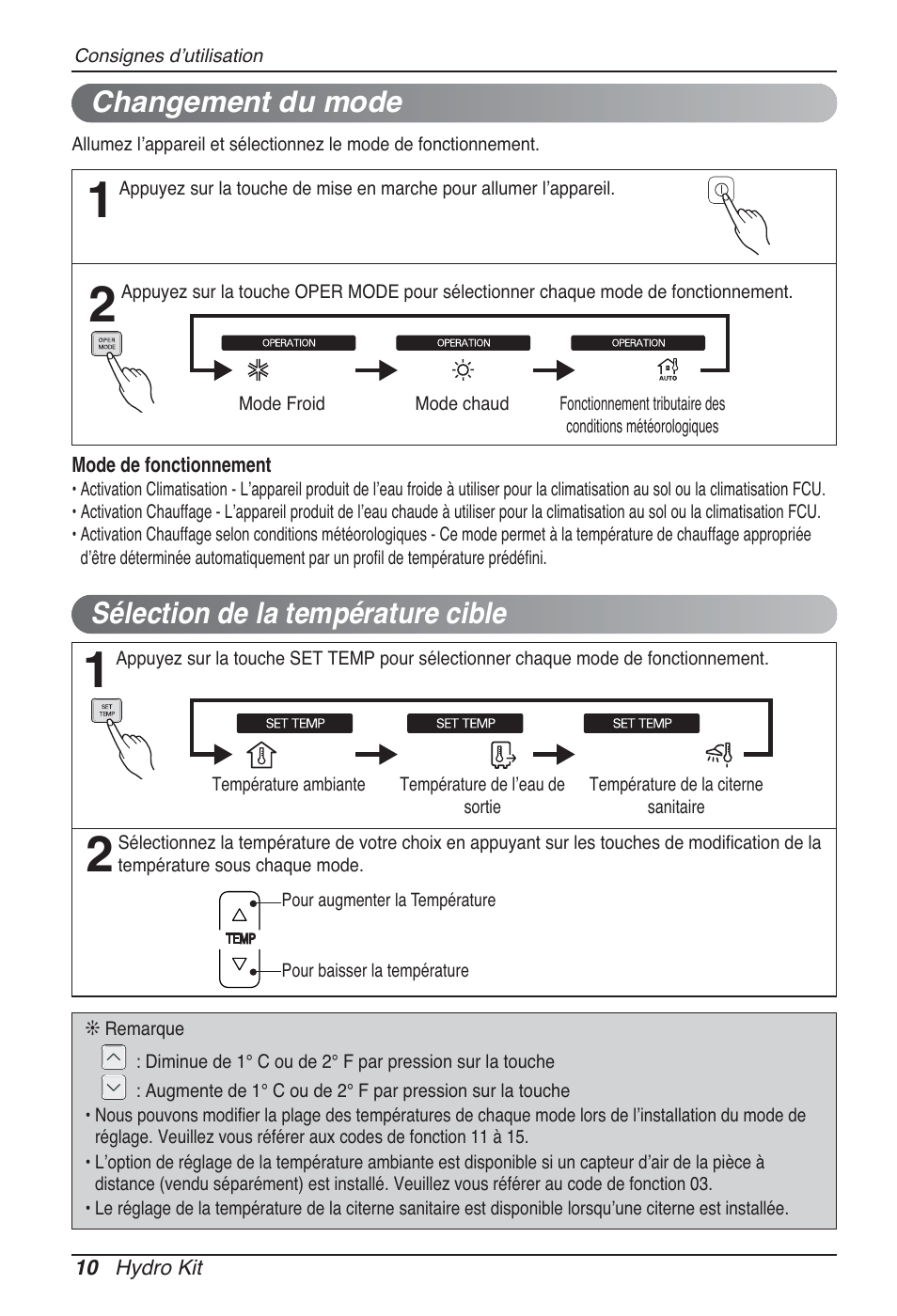 Sélection de la température cible, Changement du mode | LG ARNH10GK2A2 User Manual | Page 88 / 495