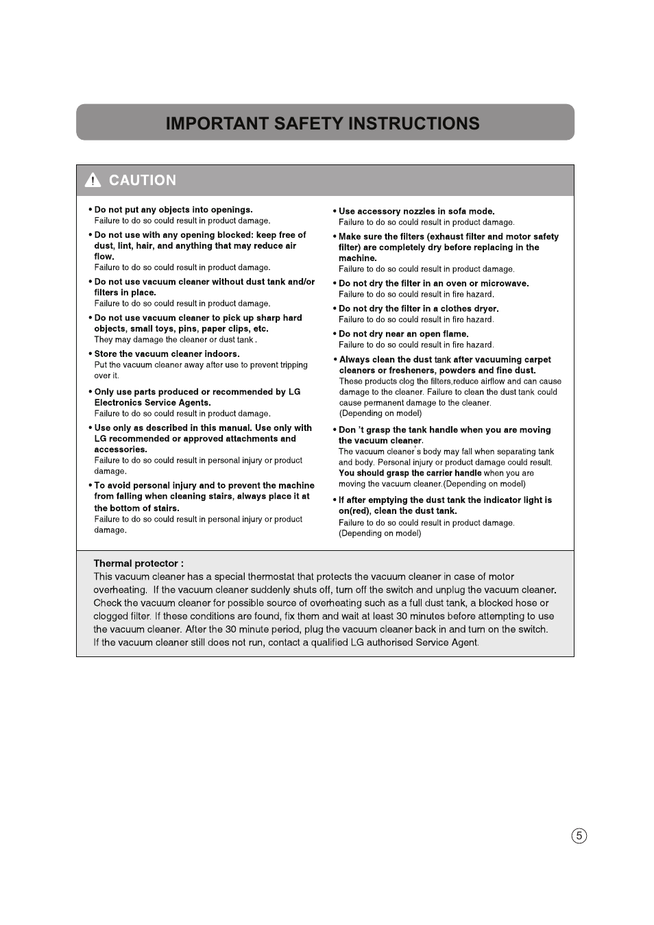 Important safety instructions | LG VC4220NHTC User Manual | Page 5 / 26