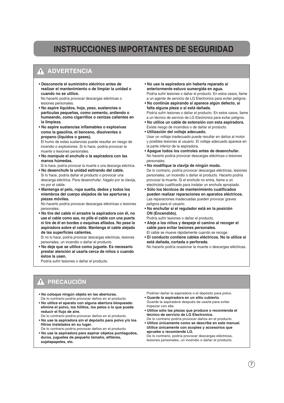 Instrucciones importantes de seguridad, Advertencia, Precaución | LG VC4220NHTC User Manual | Page 7 / 26