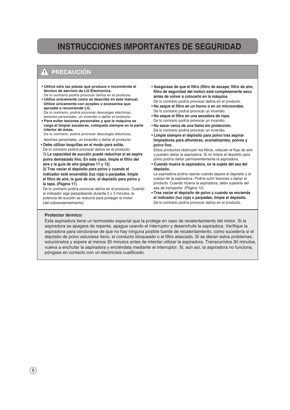 Instrucciones importantes de seguridad, Precaución | LG VC4220NHTC User Manual | Page 8 / 26