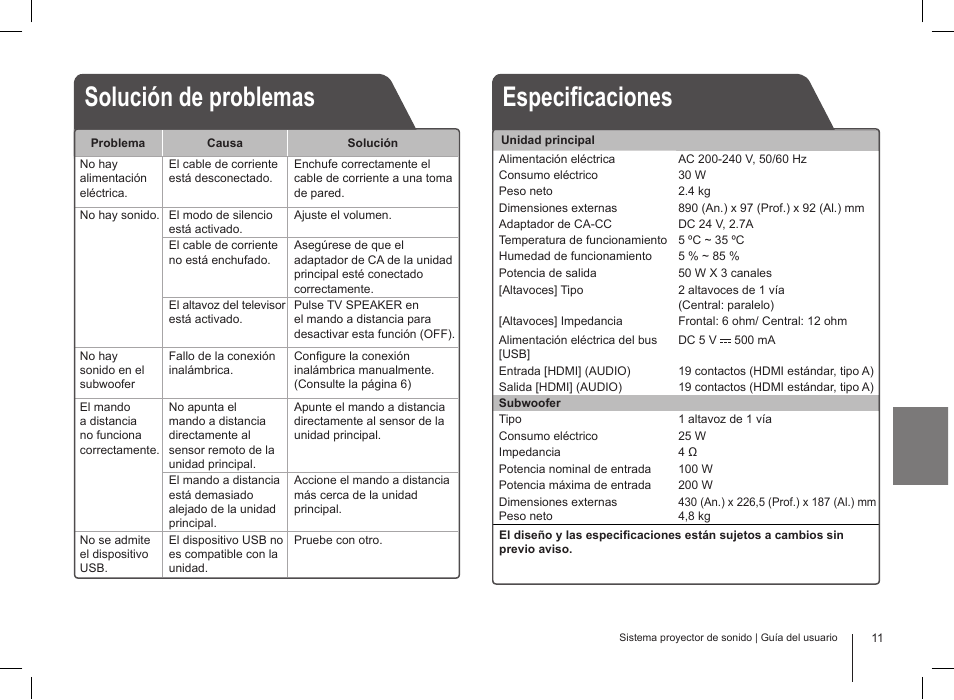 Solución de problemas especificaciones | LG HLS34S User Manual | Page 11 / 12