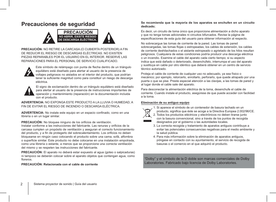 Precauciones de seguridad, Precaución | LG HLS34S User Manual | Page 2 / 12