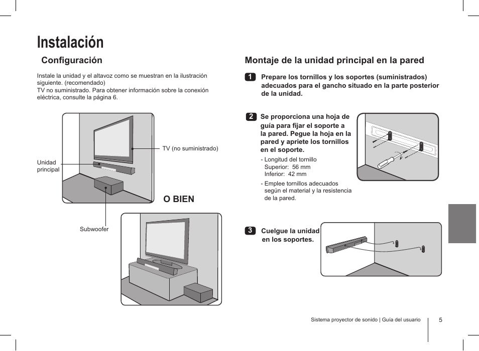 Instalación, Configuración, Montaje de la unidad principal en la pared | O bien | LG HLS34S User Manual | Page 5 / 12