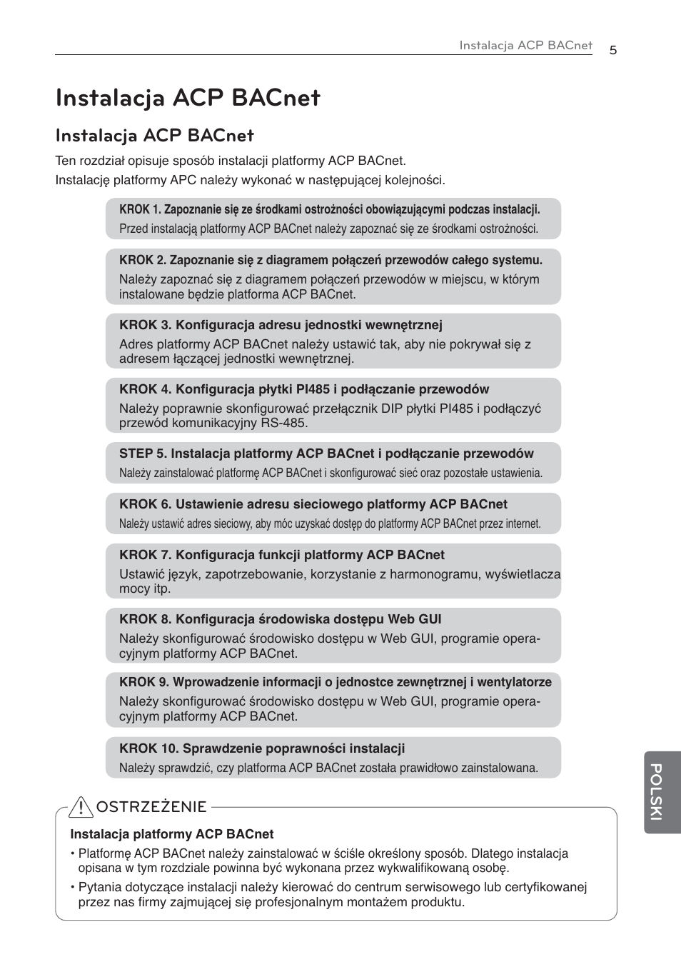 Instalacja acp bacnet | LG PQNFB17C0 User Manual | Page 101 / 109