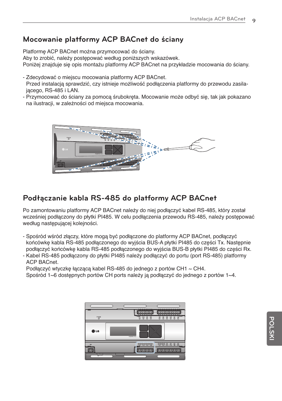 Mocowanie platformy acp bacnet do ściany, Podłączanie kabla rs-485 do platformy acp bacnet, Pol ski | LG PQNFB17C0 User Manual | Page 105 / 109
