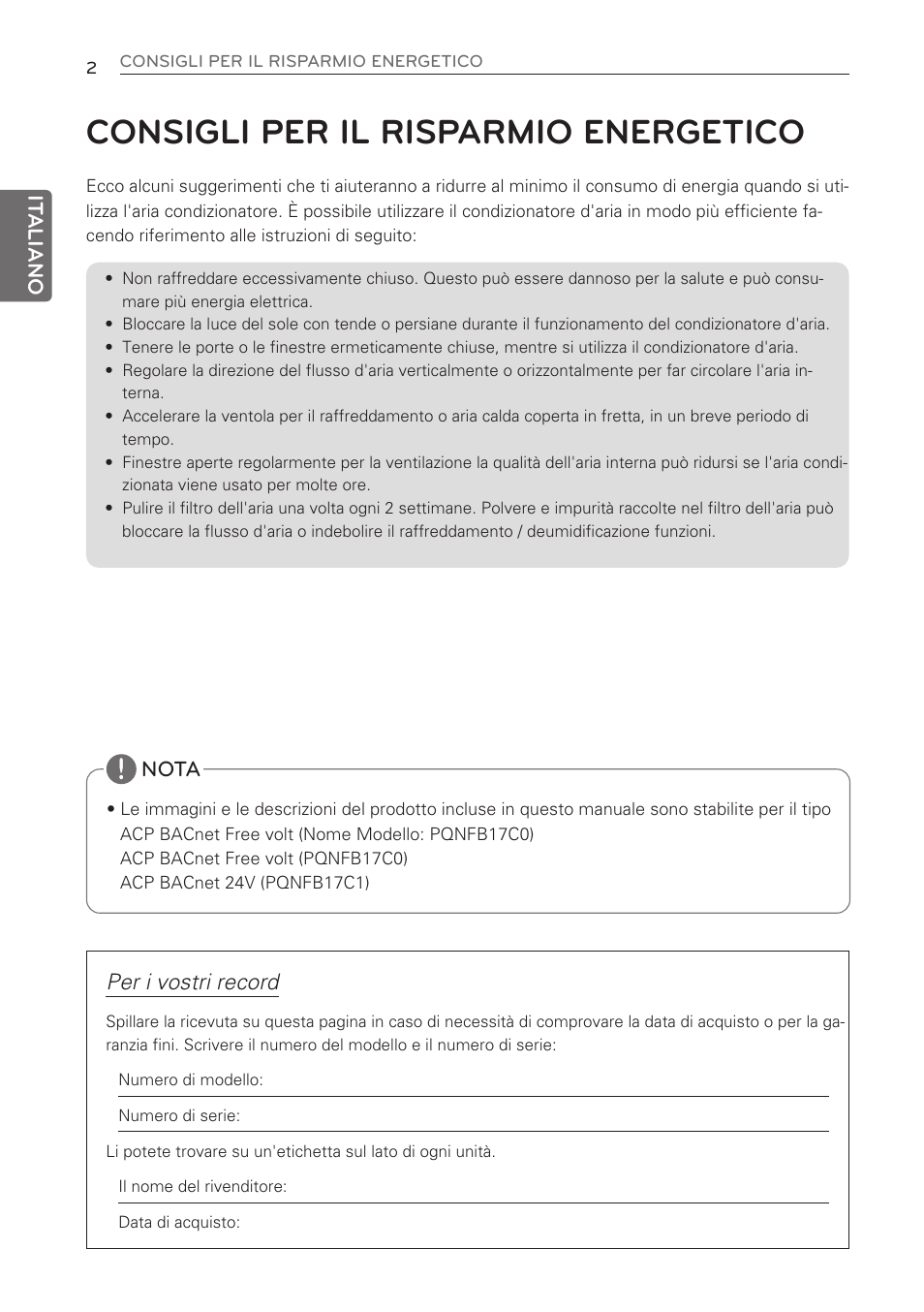 Consigli per il risparmio energetico, Per i vostri record | LG PQNFB17C0 User Manual | Page 14 / 109