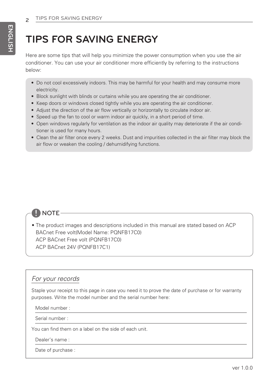 Tips for saving energy, For your records | LG PQNFB17C0 User Manual | Page 2 / 109