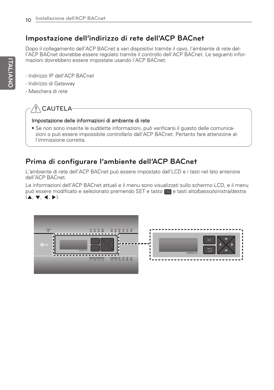 Prima di configurare l’ambiente dell’acp bacnet | LG PQNFB17C0 User Manual | Page 22 / 109