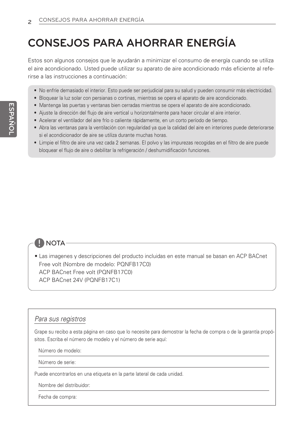 Consejos para ahorrar energía, Para sus registros | LG PQNFB17C0 User Manual | Page 26 / 109