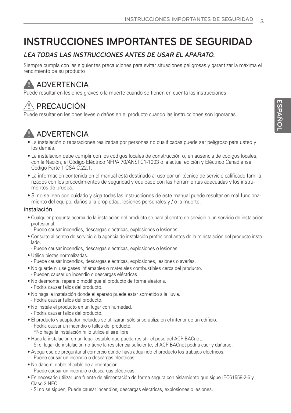 Instrucciones importantes de seguridad, Advertencia, Precaución | LG PQNFB17C0 User Manual | Page 27 / 109