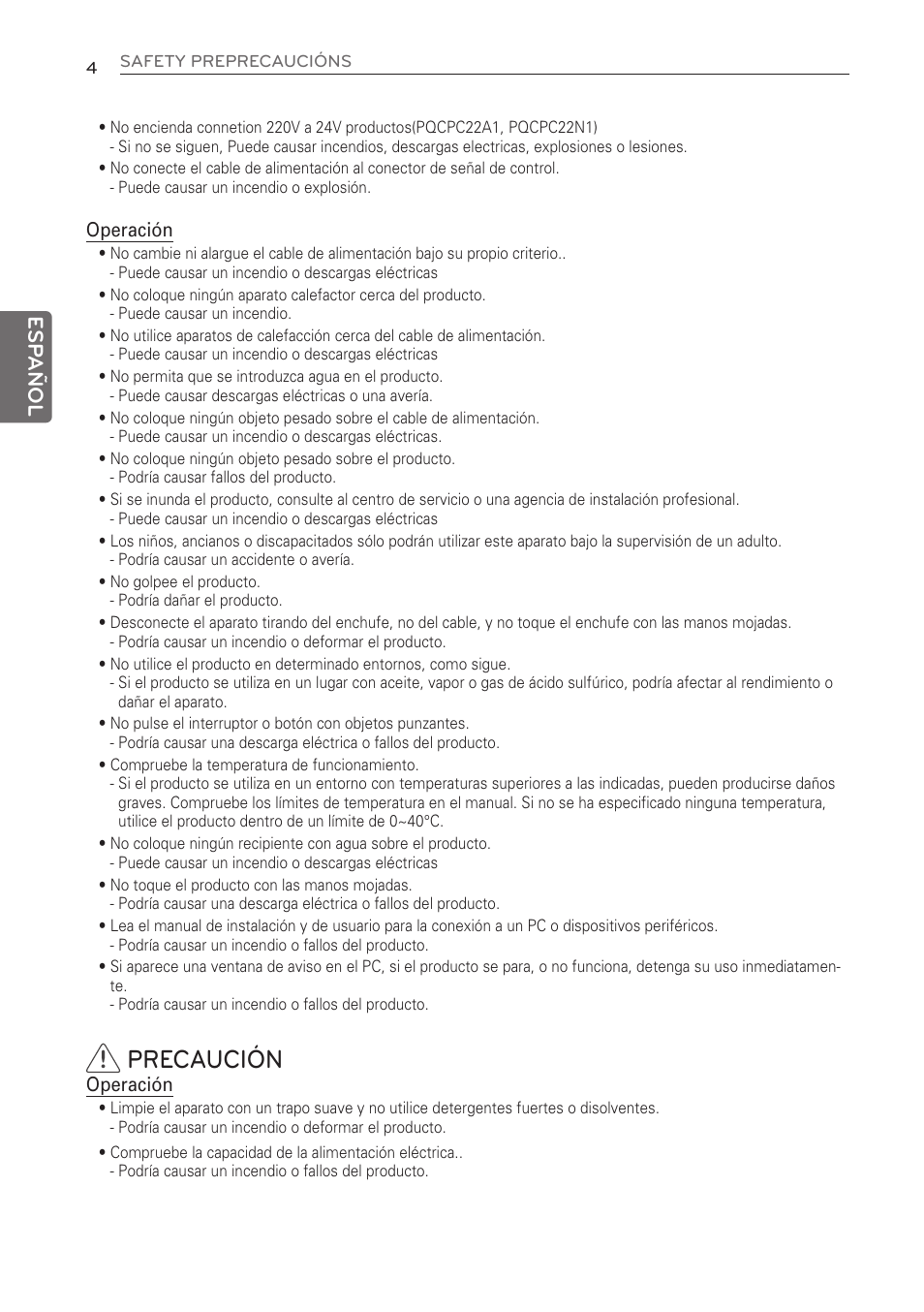 Precaución, Esp añol | LG PQNFB17C0 User Manual | Page 28 / 109