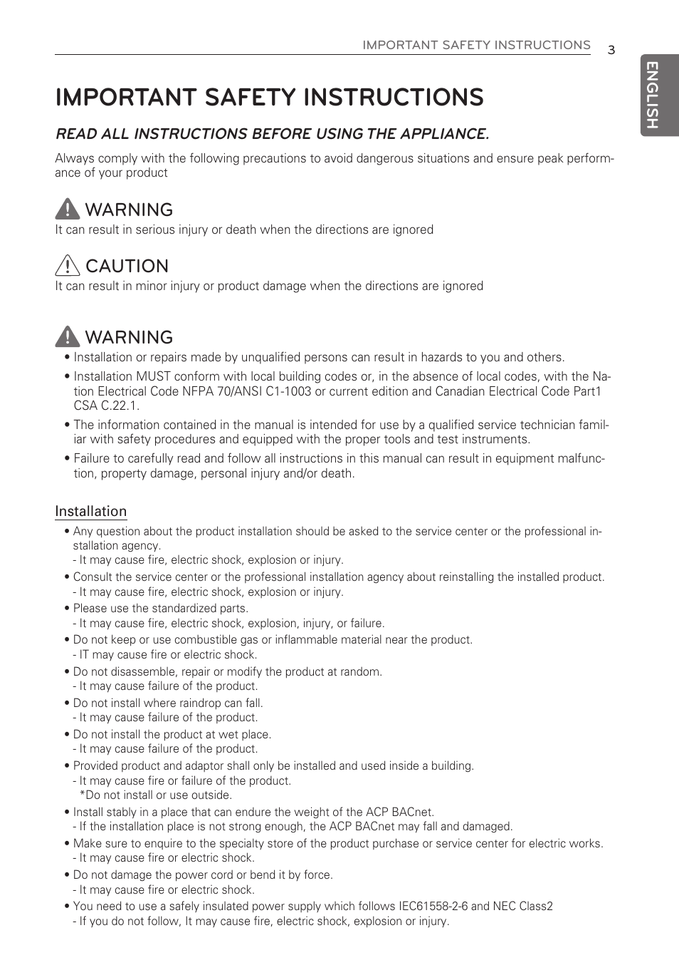 Important safety instructions, Warning, Caution | Read all instructions before using the appliance | LG PQNFB17C0 User Manual | Page 3 / 109