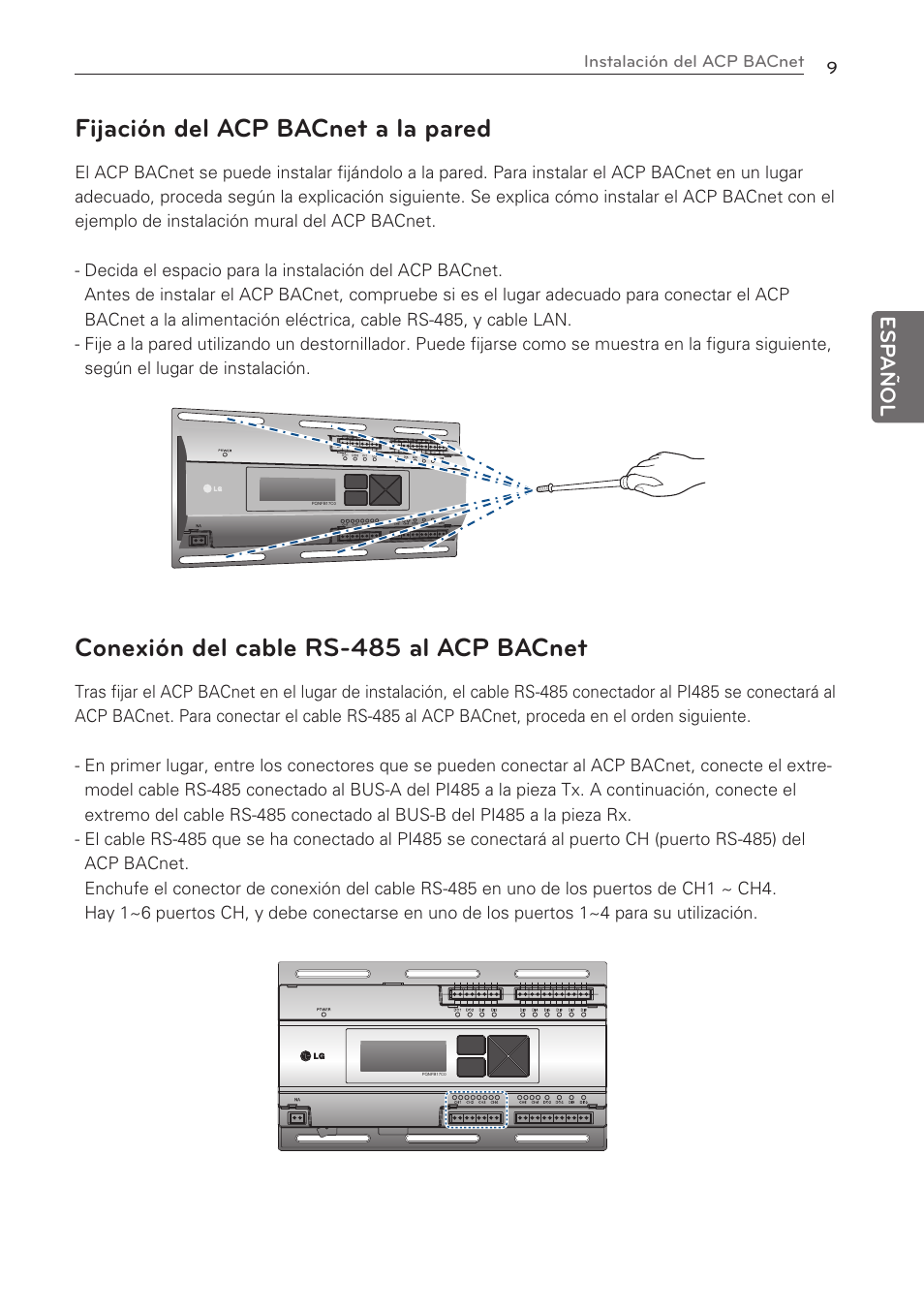 Fijación del acp bacnet a la pared, Conexión del cable rs-485 al acp bacnet, Esp añol | LG PQNFB17C0 User Manual | Page 33 / 109