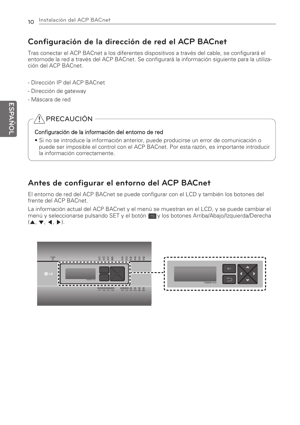 Configuración de la dirección de red el acp bacnet, Antes de configurar el entorno del acp bacnet | LG PQNFB17C0 User Manual | Page 34 / 109