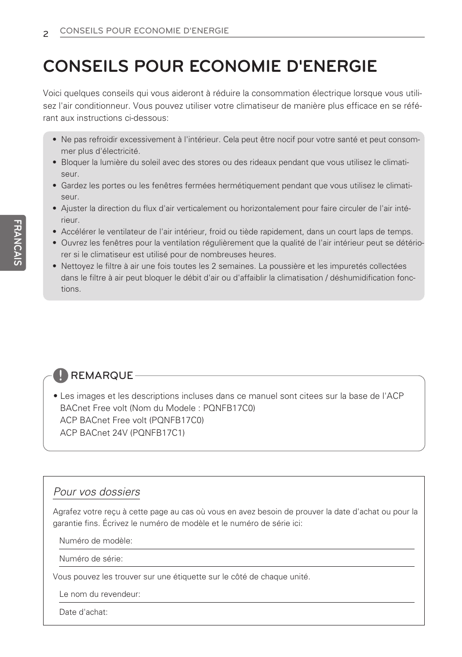 Conseils pour economie d'energie, Pour vos dossiers | LG PQNFB17C0 User Manual | Page 38 / 109