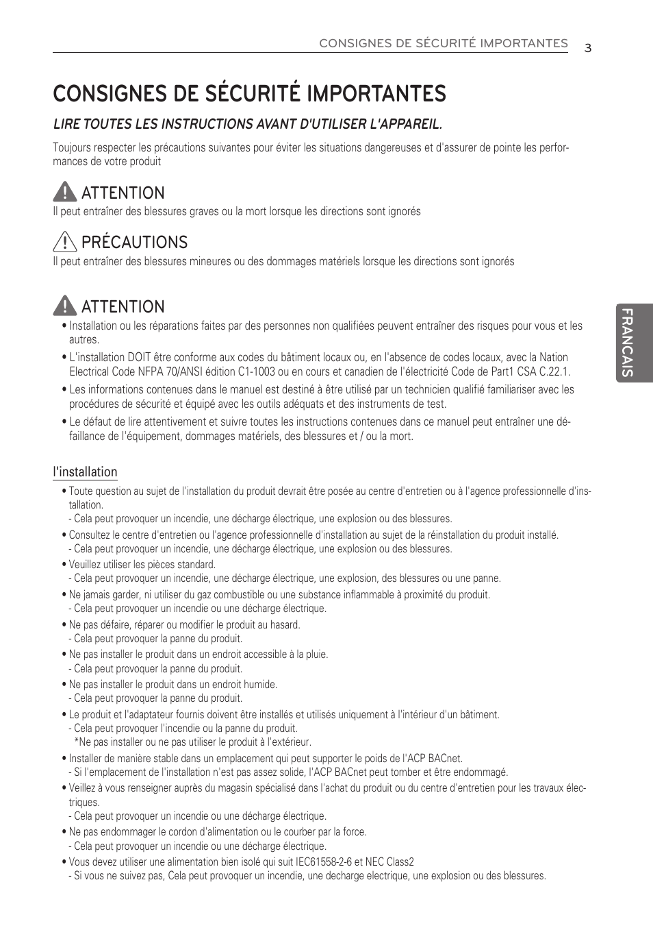 Consignes de sécurité importantes, Attention, Précautions | LG PQNFB17C0 User Manual | Page 39 / 109