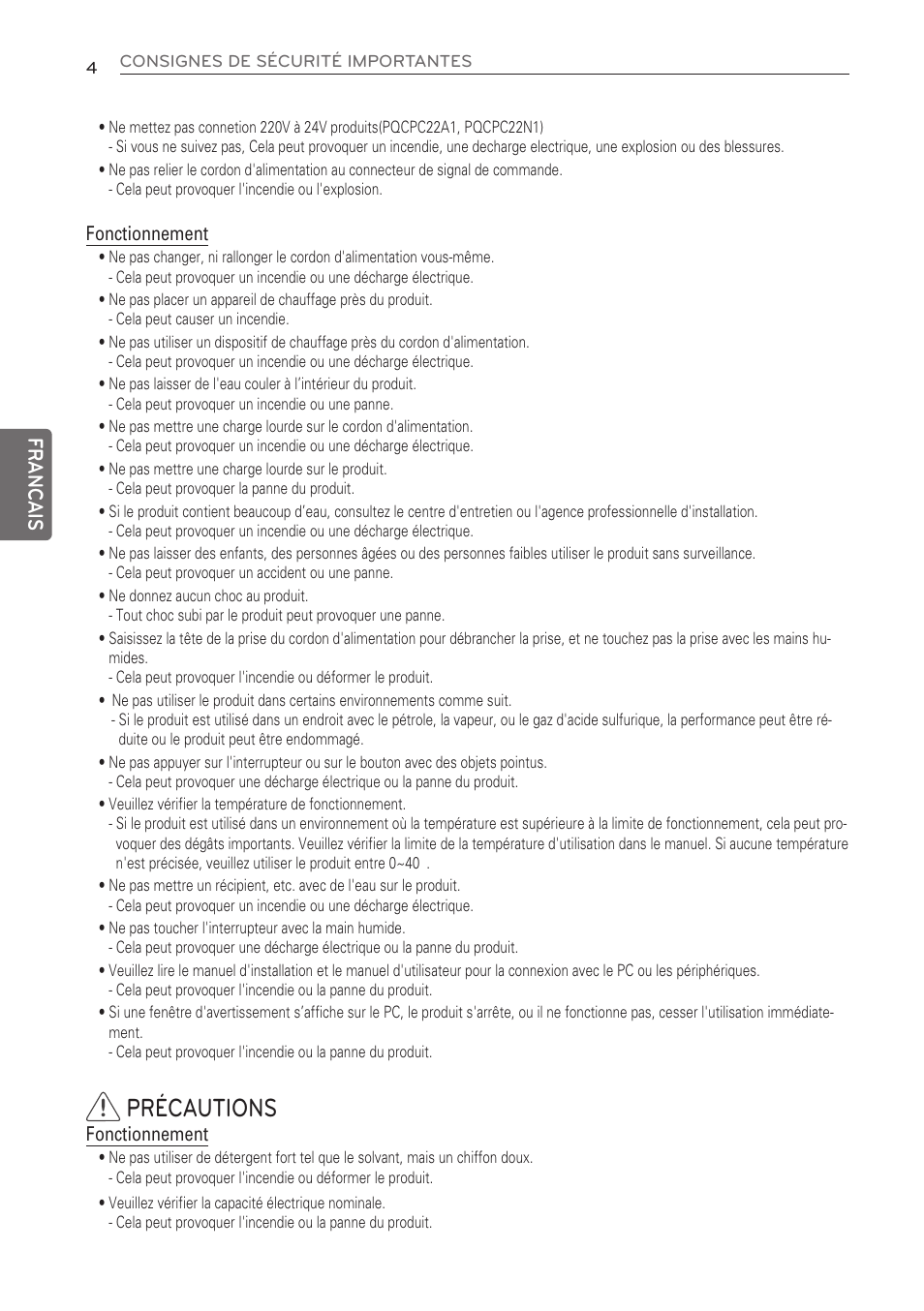Précautions, Francais | LG PQNFB17C0 User Manual | Page 40 / 109