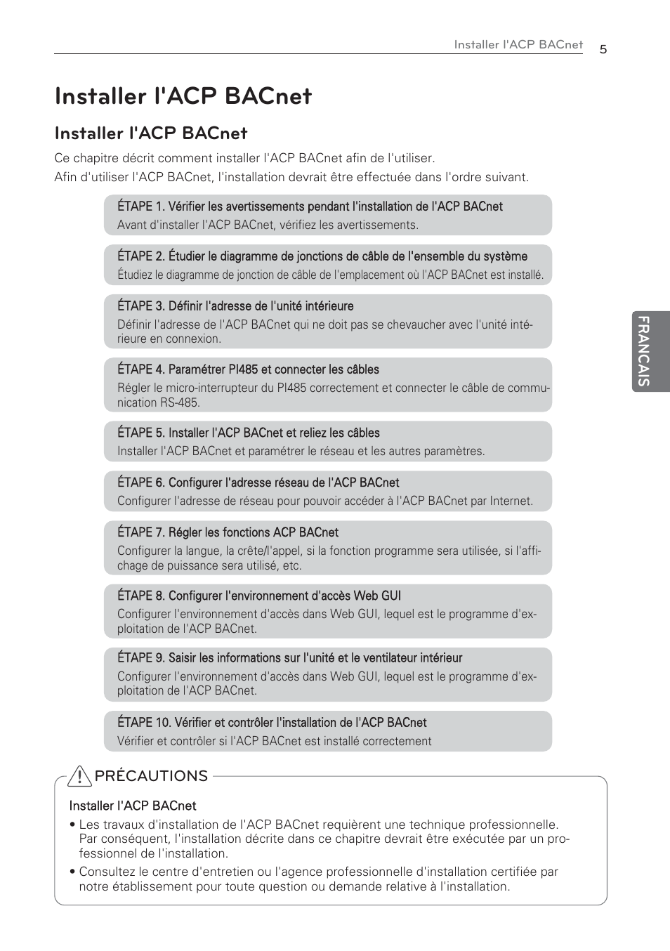 Installer l'acp bacnet | LG PQNFB17C0 User Manual | Page 41 / 109