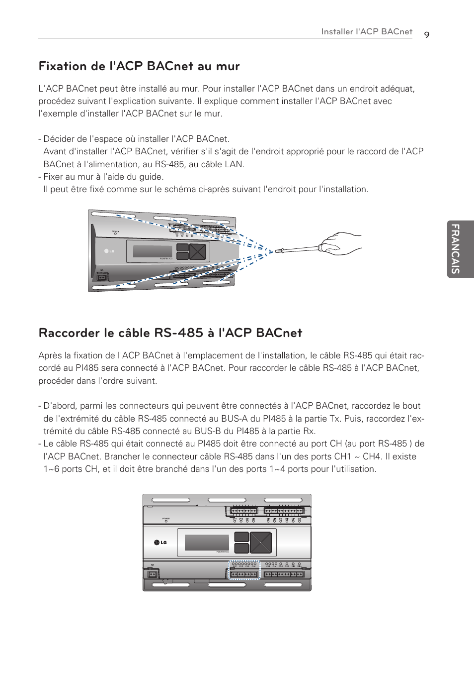 Fixation de l'acp bacnet au mur, Raccorder le câble rs-485 à l'acp bacnet, Francais | LG PQNFB17C0 User Manual | Page 45 / 109