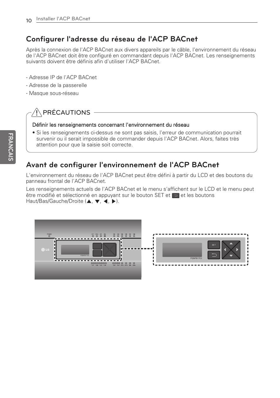 Configurer l'adresse du réseau de l'acp bacnet, Précautions, Francais | LG PQNFB17C0 User Manual | Page 46 / 109