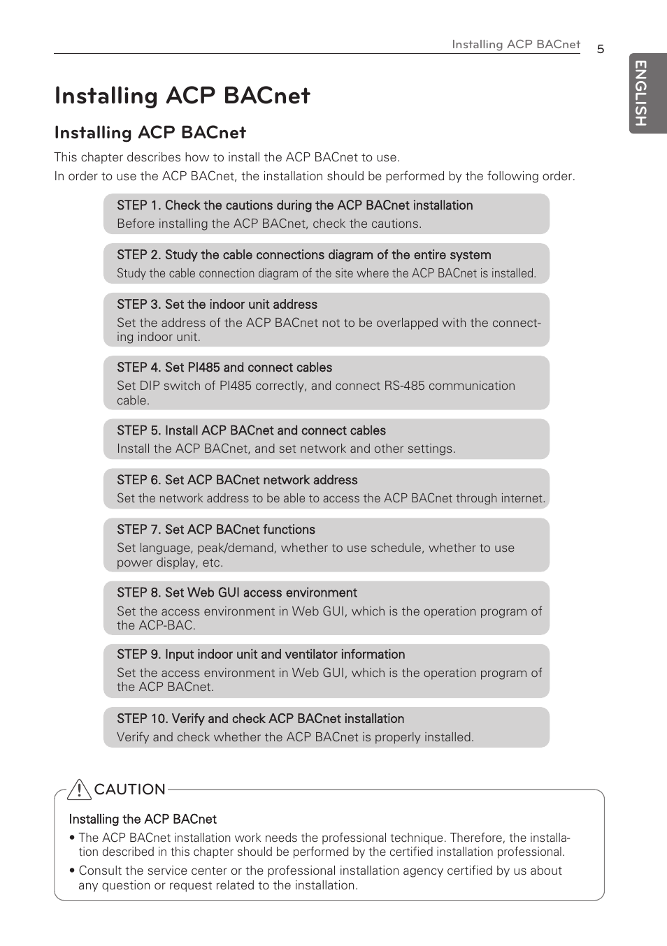 Installing acp bacnet | LG PQNFB17C0 User Manual | Page 5 / 109