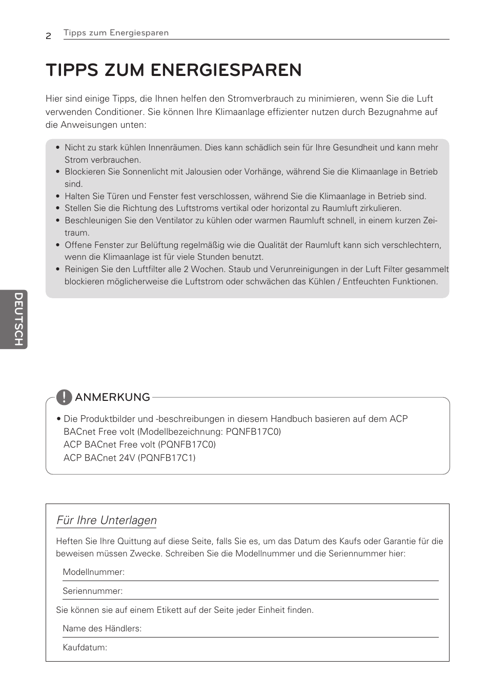Tipps zum energiesparen, Für ihre unterlagen | LG PQNFB17C0 User Manual | Page 50 / 109