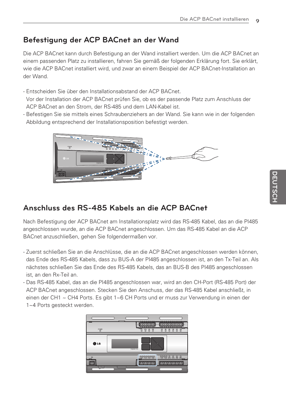 Befestigung der acp bacnet an der wand, Anschluss des rs-485 kabels an die acp bacnet, Deutsch | LG PQNFB17C0 User Manual | Page 57 / 109