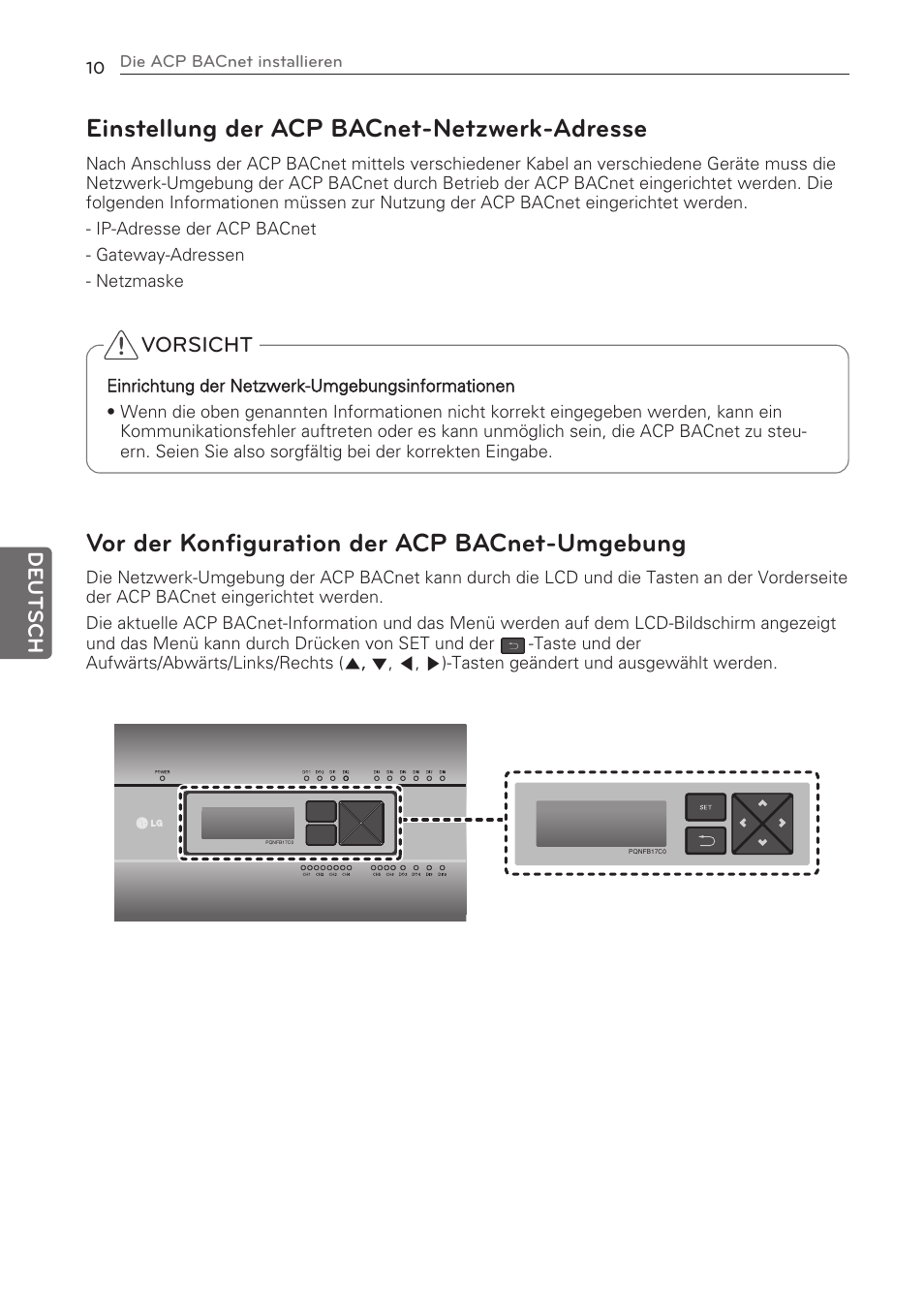 Einstellung der acp bacnet-netzwerk-adresse, Vor der konfiguration der acp bacnet-umgebung, Vorsicht | Deutsch | LG PQNFB17C0 User Manual | Page 58 / 109
