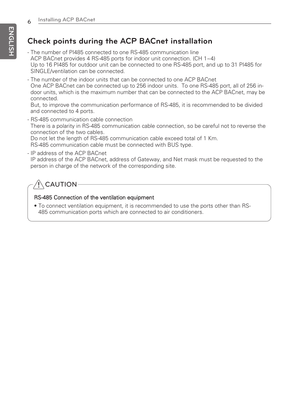 Check points during the acp bacnet installation | LG PQNFB17C0 User Manual | Page 6 / 109