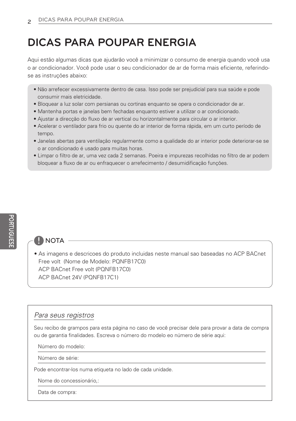 Dicas para poupar energia, Para seus registros | LG PQNFB17C0 User Manual | Page 62 / 109