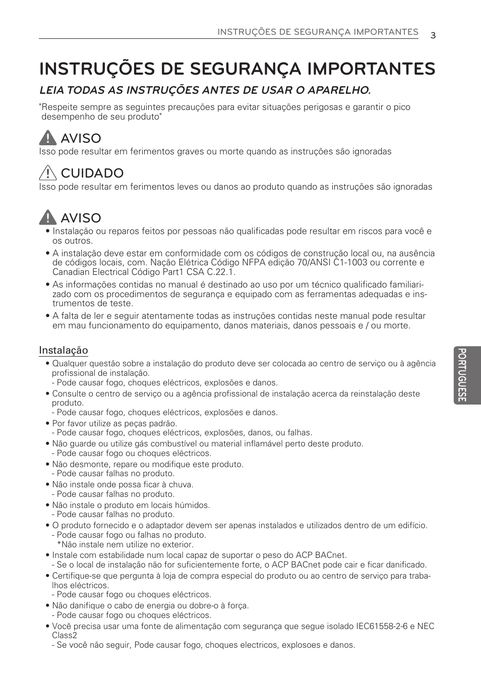 Instruções de segurança importantes, Aviso, Cuidado | Leia todas as instruções antes de usar o aparelho | LG PQNFB17C0 User Manual | Page 63 / 109