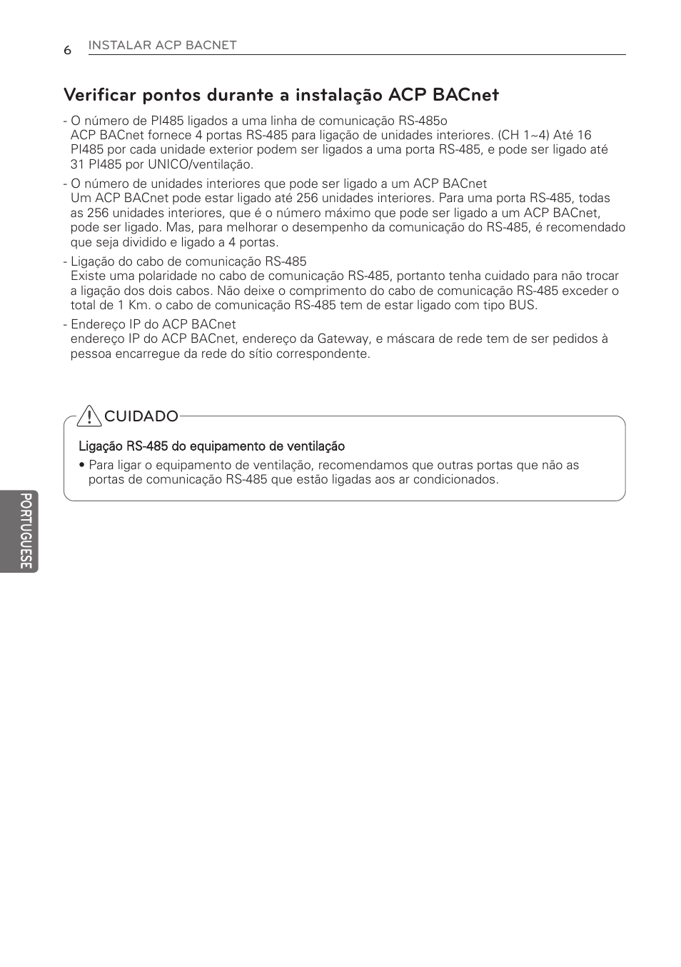 Verificar pontos durante a instalação acp bacnet | LG PQNFB17C0 User Manual | Page 66 / 109