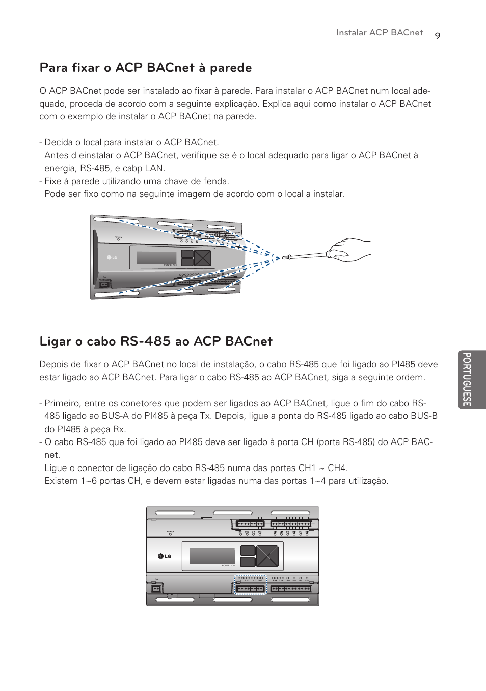 Para fixar o acp bacnet à parede, Ligar o cabo rs-485 ao acp bacnet, Por tuguese | LG PQNFB17C0 User Manual | Page 69 / 109