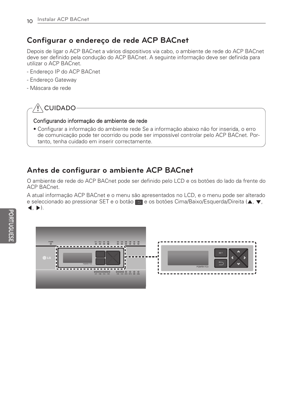 Configurar o endereço de rede acp bacnet, Antes de configurar o ambiente acp bacnet | LG PQNFB17C0 User Manual | Page 70 / 109