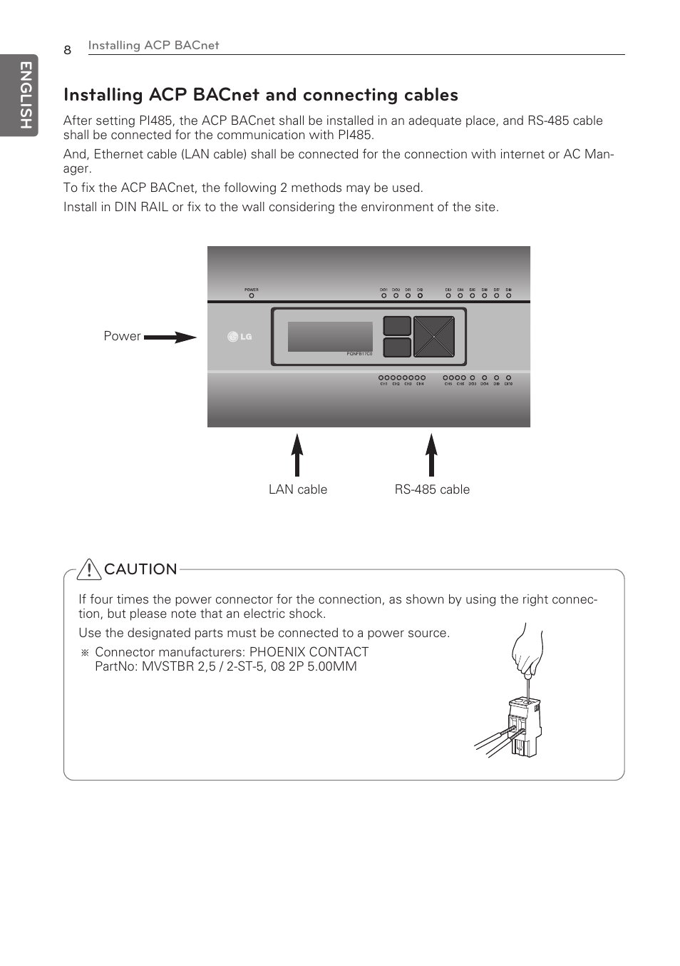 Installing acp bacnet and connecting cables | LG PQNFB17C0 User Manual | Page 8 / 109