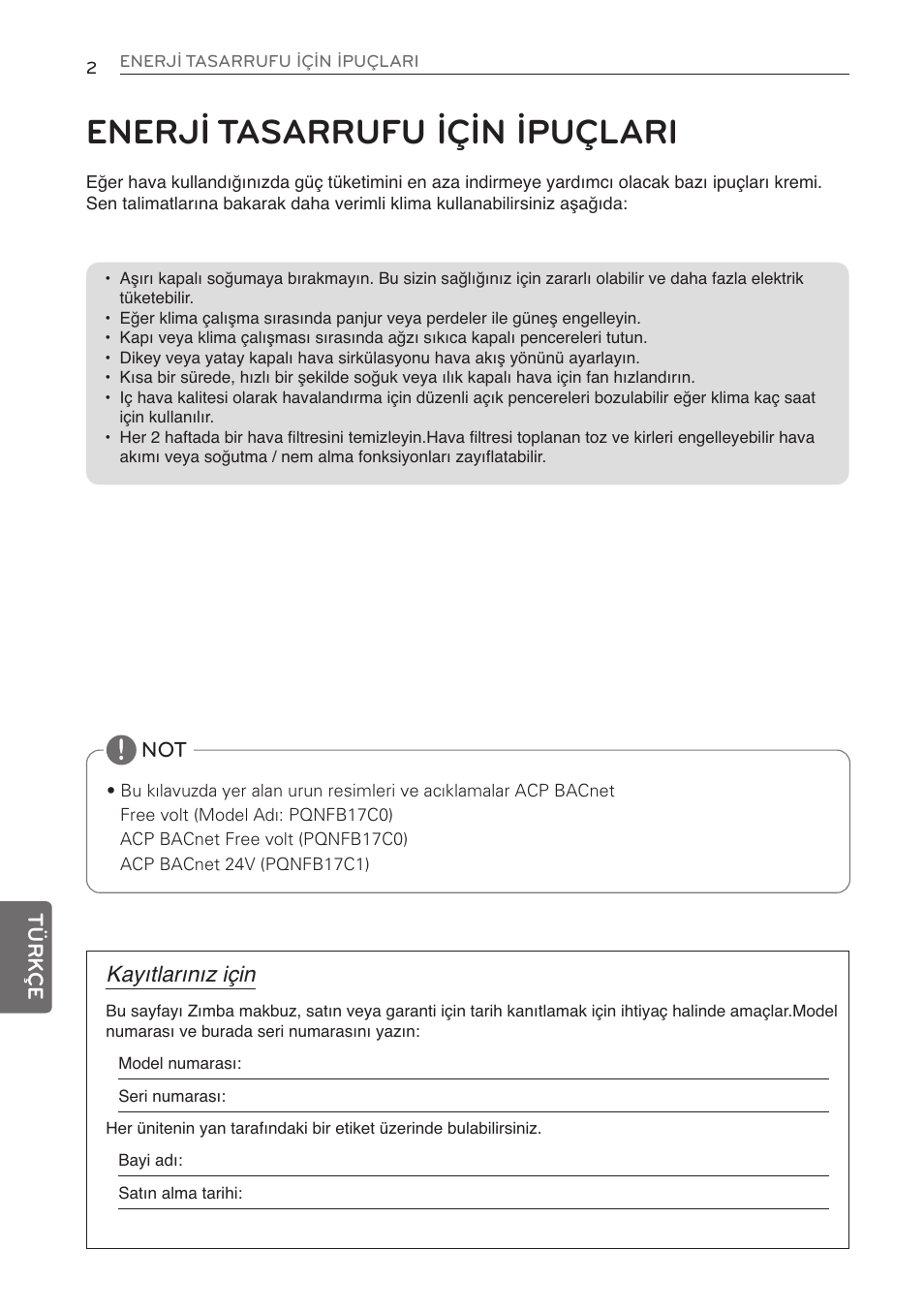 Enerji tasarrufu için ipuçlari | LG PQNFB17C0 User Manual | Page 86 / 109