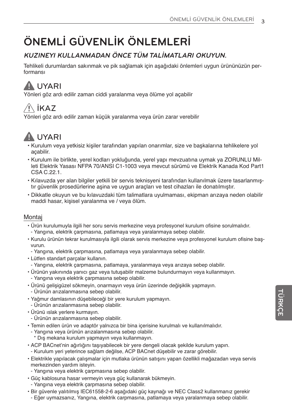 Önemli güvenlik önlemleri, Uyari, Ikaz | Kuzineyi kullanmadan önce tüm talimatlari okuyun | LG PQNFB17C0 User Manual | Page 87 / 109